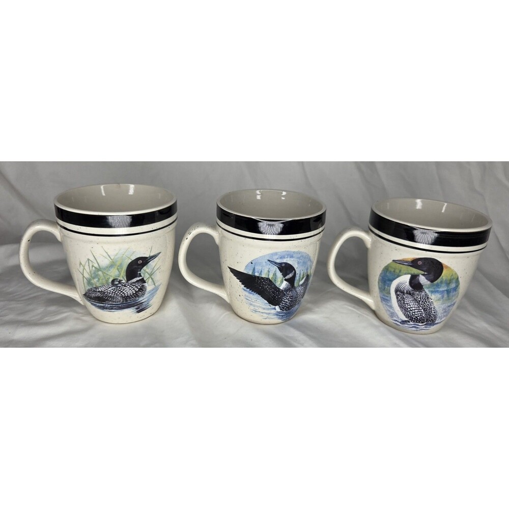 Loon Lake Stoneware Folkcraft by Scotty Z Set 3 Speckled Mugs 16 oz